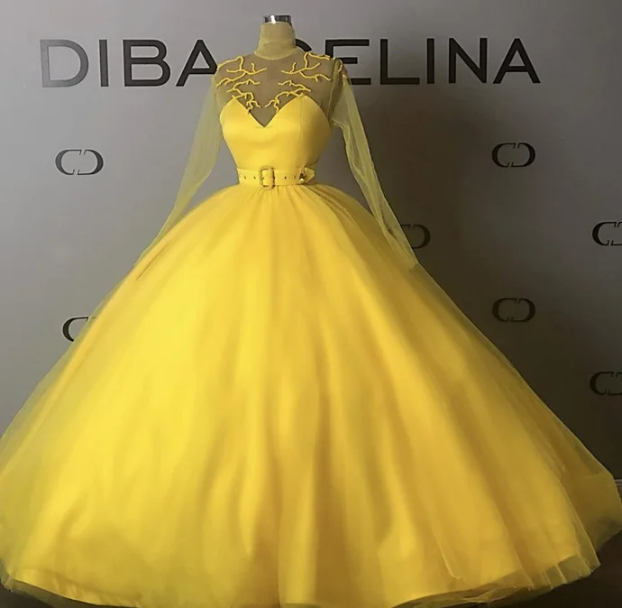 Feminine Luxe Style Sale Summer Splash Sale Yellow Ball Gown Prom Dresses Jewel Neck Tulle Pearls Belt Long Sleeve Evening Gowns Floor Length Sweet 16 Dress  cg20541