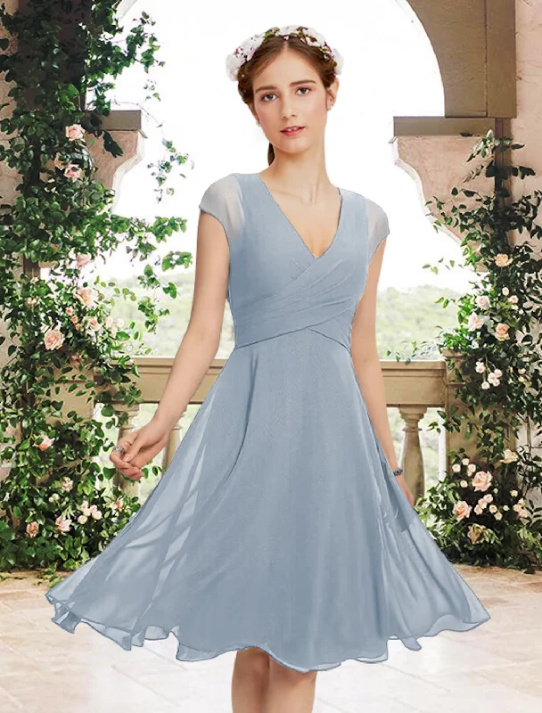 Relaxed Style Deals Update With Cottagecore Styles A-Line Bridesmaid Dress V Neck Short Sleeve Elegant Knee Length Chiffon with Pleats  Ruching