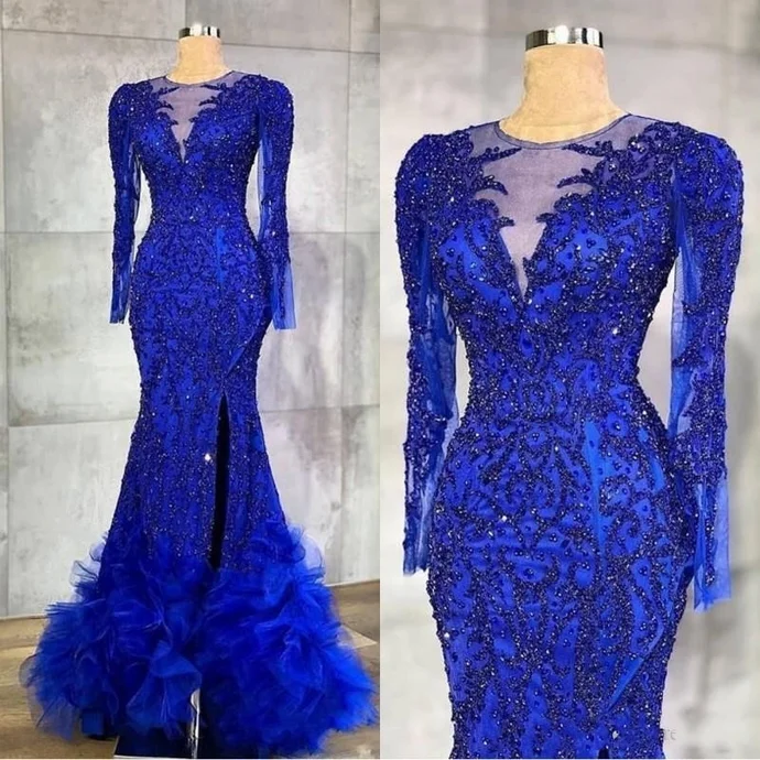 Chic Style, Always In Vogue Fashion Deal Luxury Royal Blue Evening Dresses Beaded Crystals Sheer Neck Mermaid Arabic Aso Ebi Party Gowns prom dresses    cg20156