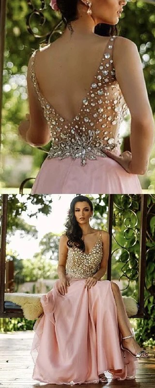 End Of Season Sale Holiday Sale Light Pink Prom Dresses 2021 Backless Chiffon Formal Gown With Crystal Beaded    cg20903