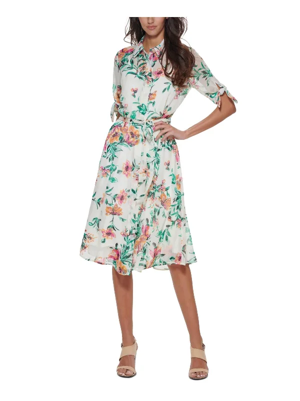 Stylish Looks Feminine Soft - Hued Styles Petites Womens Chiffon Floral Shirtdress