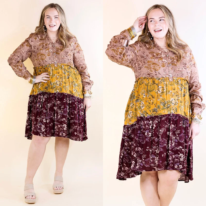 Winter Warehouse Sale Summer Essentials Among the Flowers Floral Ruffle Tier Long Sleeve Dress in Taupe, Mustard, and Burgundy