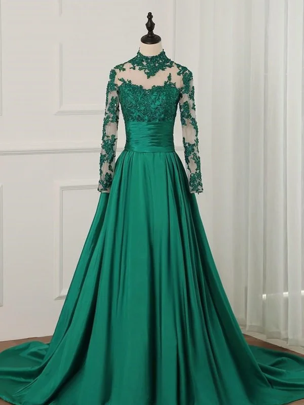 Limited Time Flash Sale Cool Prices Long Sleeves High Neck Green Lace Prom Dresses, Green Lace Formal Dresses, Green Evening Dresses SP2178