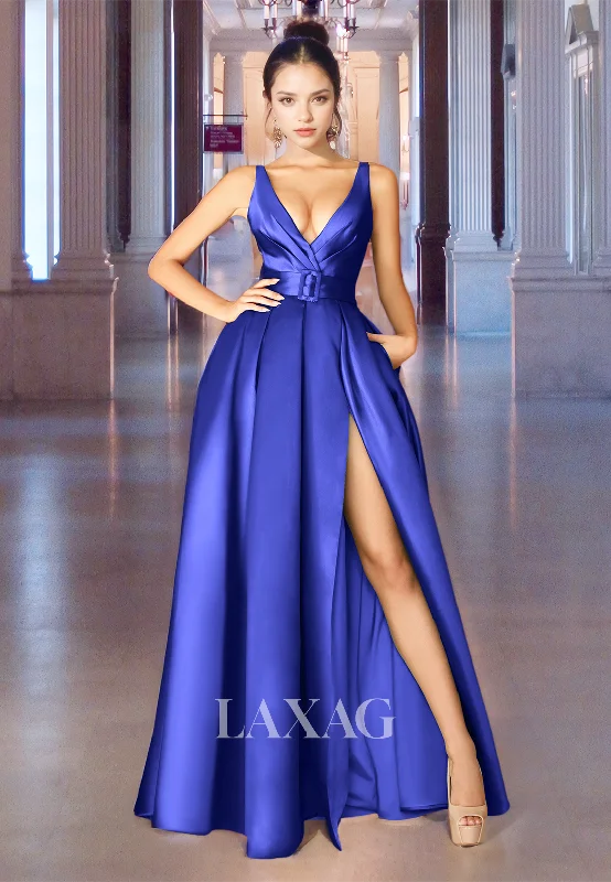 Hot Items Elevate Your Wardrobe Simple V-Neck Straps Off-Shoulder Party Dress Pleated High Slit Satin A-Line Formal Prom Dress