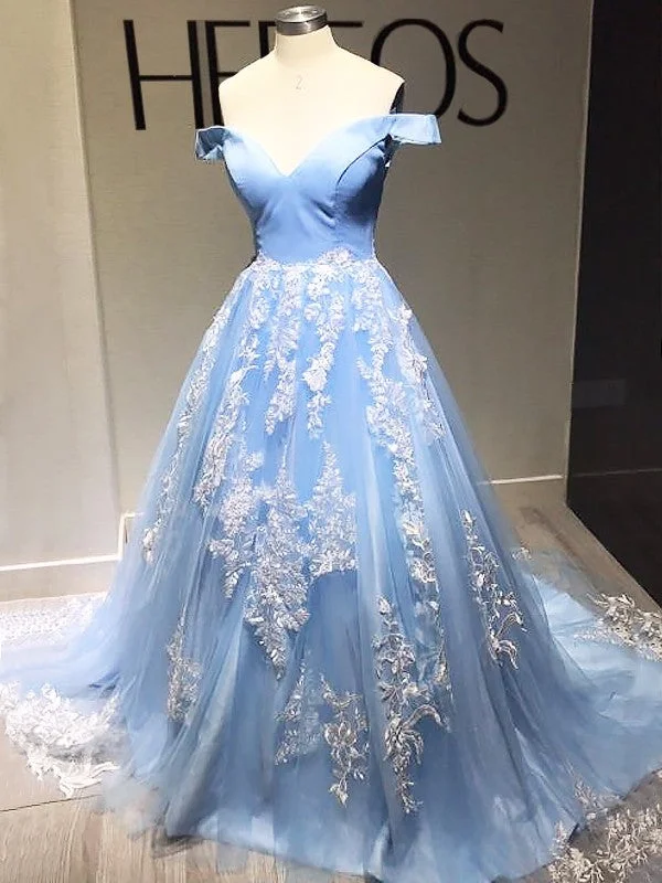 Fashion Forward, Function First Spring Fashion Ball Gown Sleeveless Off-the-Shoulder Applique Tulle Sweep/Brush Train Dresses Prom Dress    cg20133