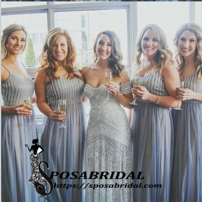 Sleek Style Discounts Clearance Event A-Line Spaghetti Straps Blue Sparkly Unique Elegant Hot Bridesmaid Dresses with Sequins,WG329