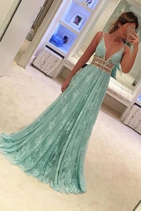 Fashion Forward Femininity Fashion Essentials Mint Prom Dresses,V-neck Prom Dresses,Long Prom Dress,Elegant Prom Gowns,Evening Dresses   cg17624