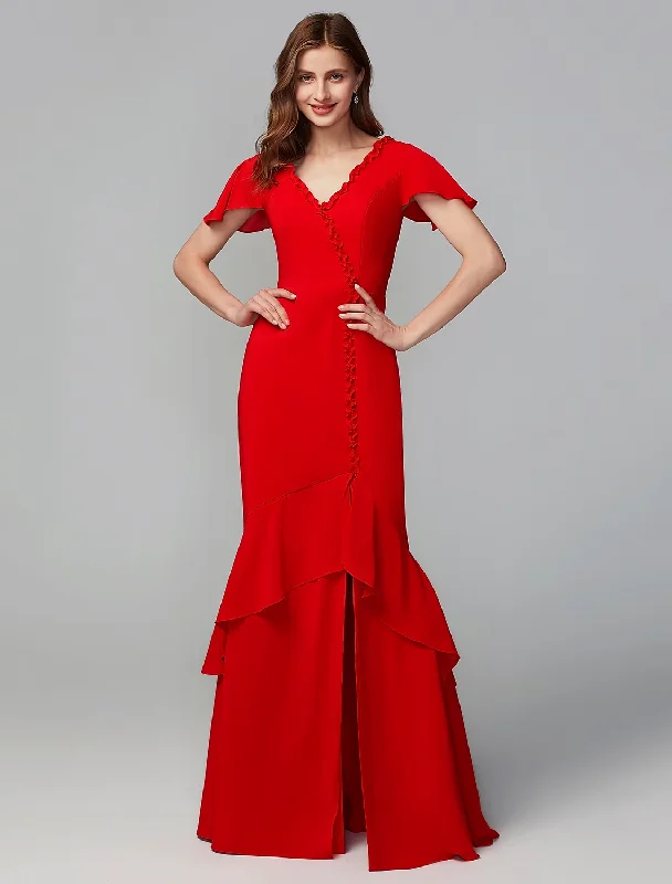 On-Trend Fashion Offers Mid - Week Surprise Sheath / Column Bridesmaid Dress V Neck Short Sleeve Open Back Floor Length Chiffon with Split Front