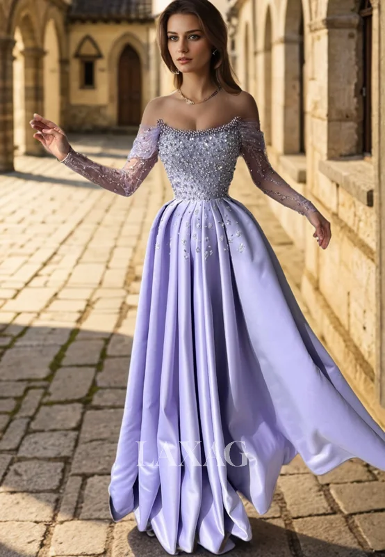 Limited Time Special Offer Pastel Styles A-Line Off Shoulder Pearls Beaded Sleek Satin Party Prom Formal Evening Dress