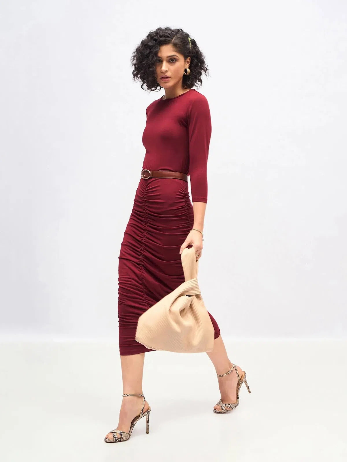 Everyday Elegance Sale Unbeatable Prices Women Maroon Ruched Bodycon Midi Dress