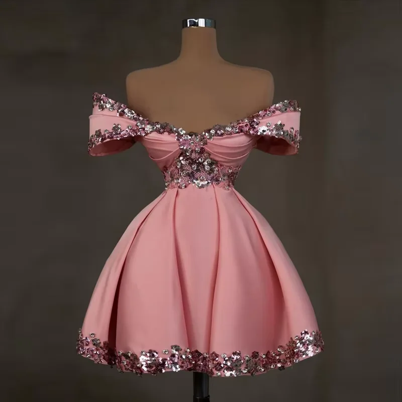 Big Discounts Special Occasion Wear Sweet Pink Satin Mini Evening Party Dresses Off The Shoulder Sequined Beading Short Prom Gowns Cute Girls Graduation Gown