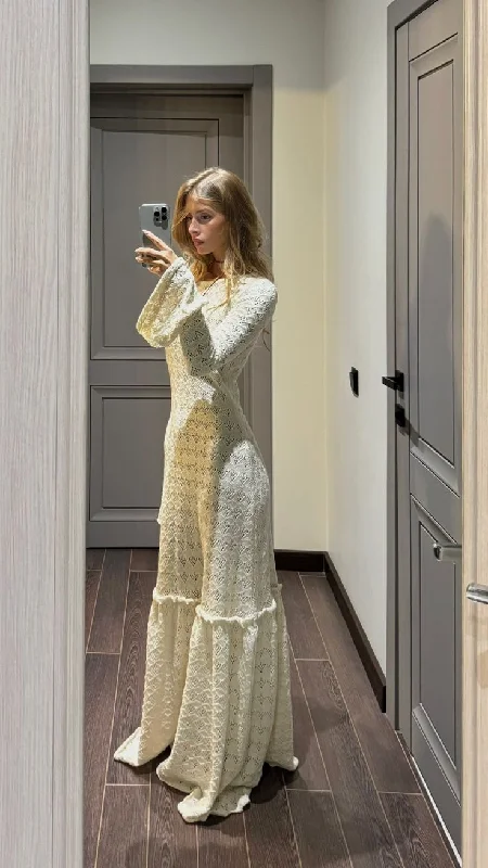 Seasonal Clearance Exclusive Sale Elegant Ivory Long Sleeves A-Line Long Party Dress, D108