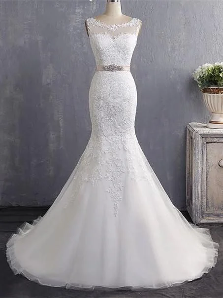 Unbeatable Prices Save On Classic Elegant Styles Bateau Neckline Mermaid Tulle Lace Wedding Dresses With Appliques