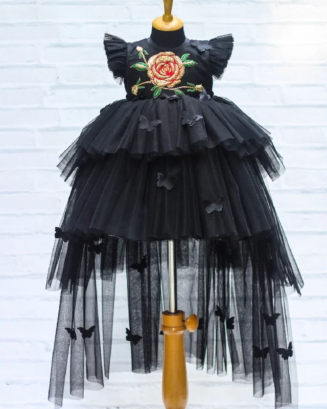 Best-Sellers Discounts On Casual Weekend Styles Pre-Order: Black Frilled Gown With Handcrafted Golden Rose Flower