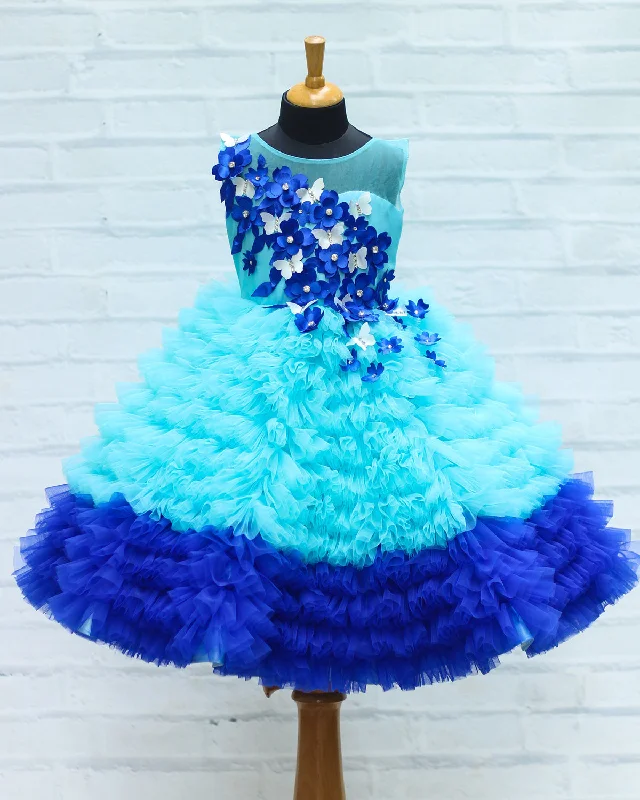 Fashionista Favorites Anniversary Sale Pre-Order: Sky Blue And Royal Blue Frill Layered Gown With Handcrafted Royal Blue Flowers