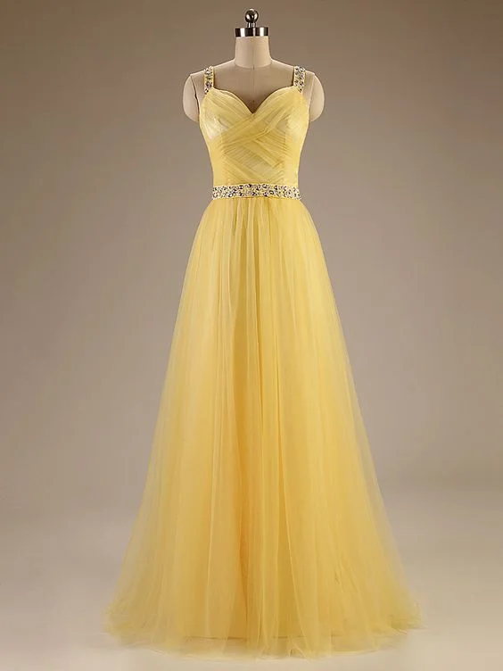 New Arrivals Summer Fashion Spaghetti Straps Long Tulle Evening Gowns,Charming Long Prom Dresses,Yellow Dresses   cg16336