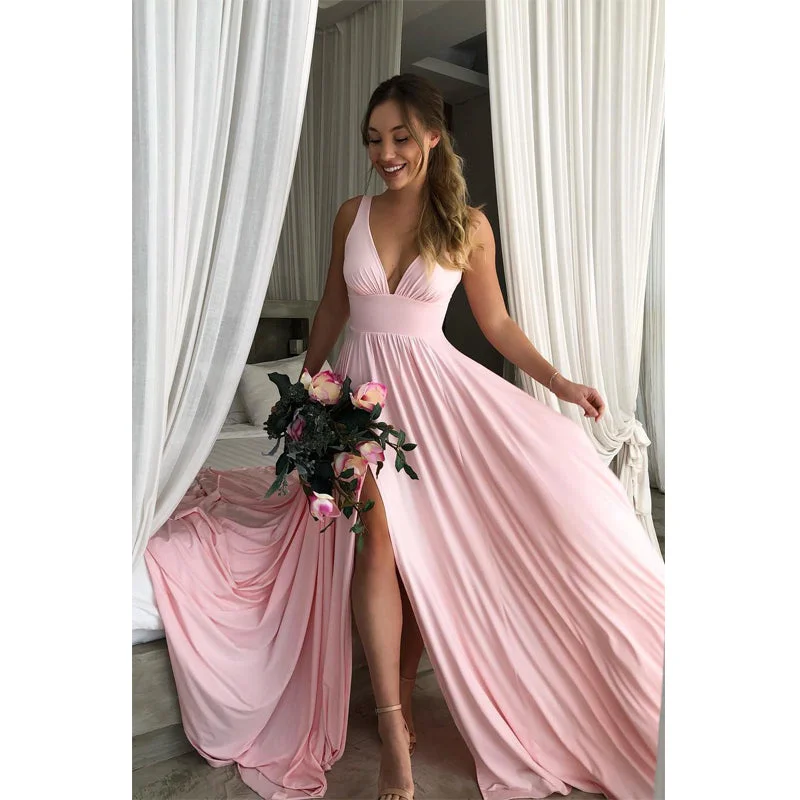 Glamorous Fashion Offers Flash Sale Long A-line Pink Soft V Neck Side Slit Modest Simple Bridesmaid Dresses, WG515