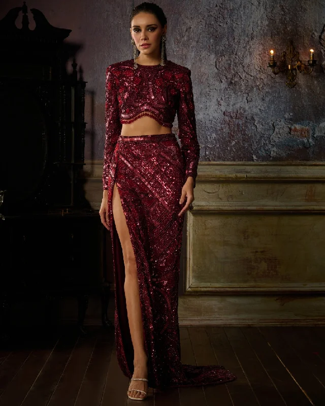 Bold Style Discounts Fashion-Forward Outfits Maroon Fully Embroidered Blouse And Slit Trail Skirt