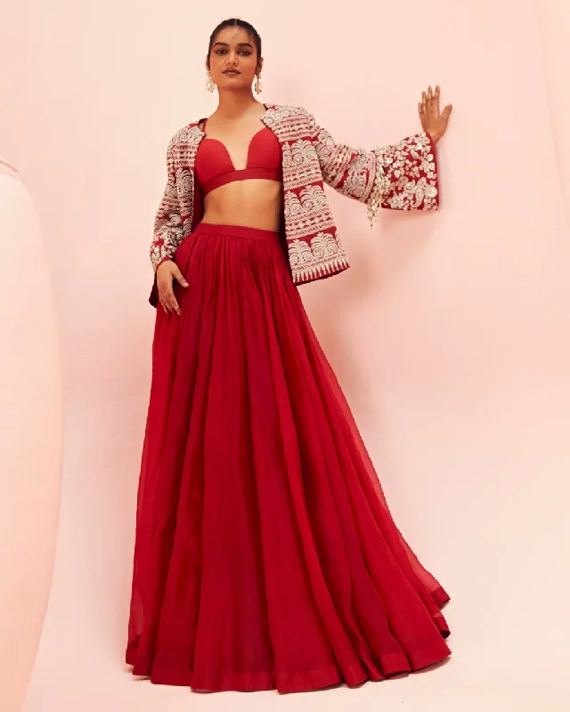 Sophisticated Fashion Wardrobe Refresh Love Red Lehenga With Short Jacket Set