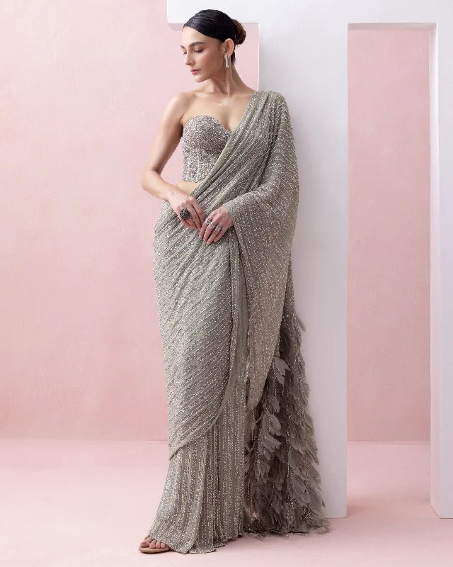 Discover Now Clearance Event Grey-Green Pre-Stitched Swarovski Sari