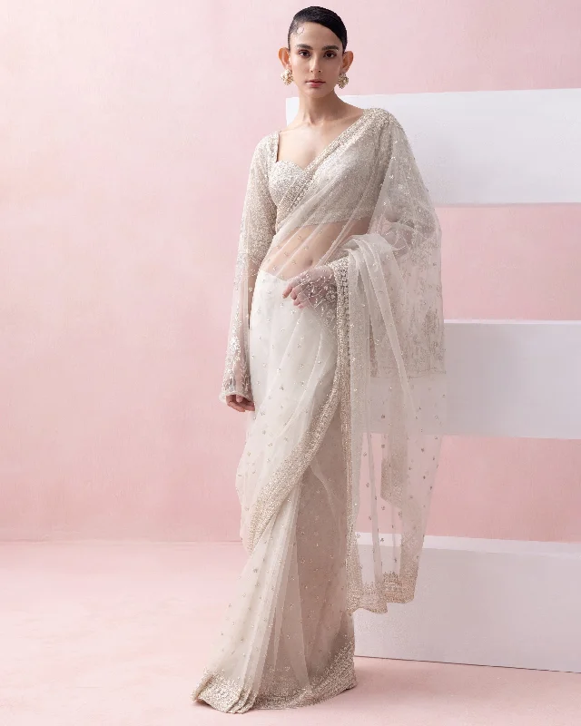 Fashion-Forward Discounts On Casual Weekend Styles Ivory Tulle Pre-Stitched Sari With Umbrella Sleeve Blouse