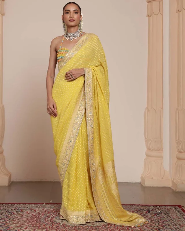 Stylish Savings Limited Time Deal Lemon Yellow Bandhani Sari Set