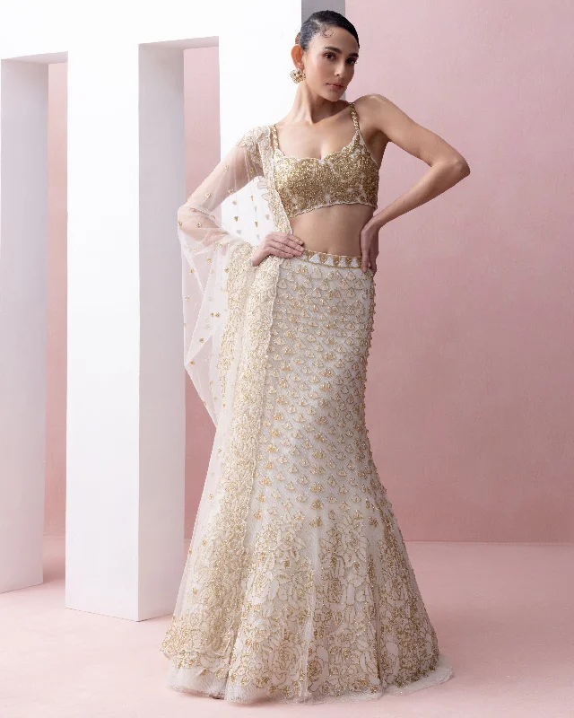 Get The Latest Trends Latest Trends Ivory and Gold Fishtail Organza Applique, Crystals Lehenga Set