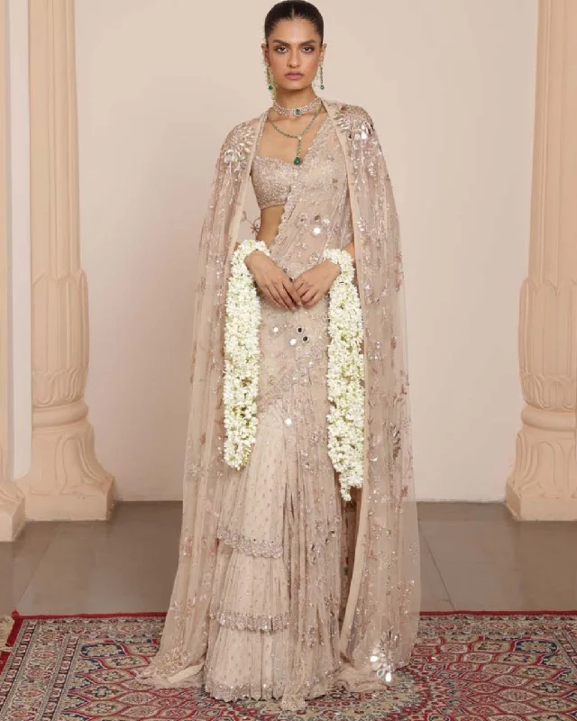 Casual Fashion Special Occasion Wear Light Nude Tulle Sari Set