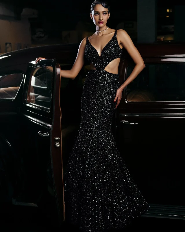 Fashion Forward Chic Styles Navy Side Cut Sequin Gown