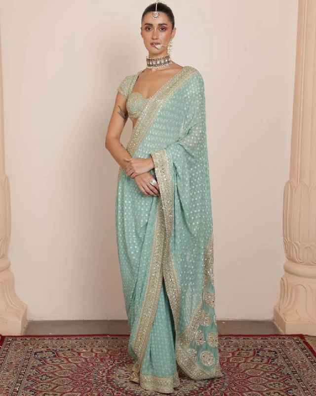 Absurdly Cheap Sale End Of Season Sale Ice Blue Bandhani Sari Set